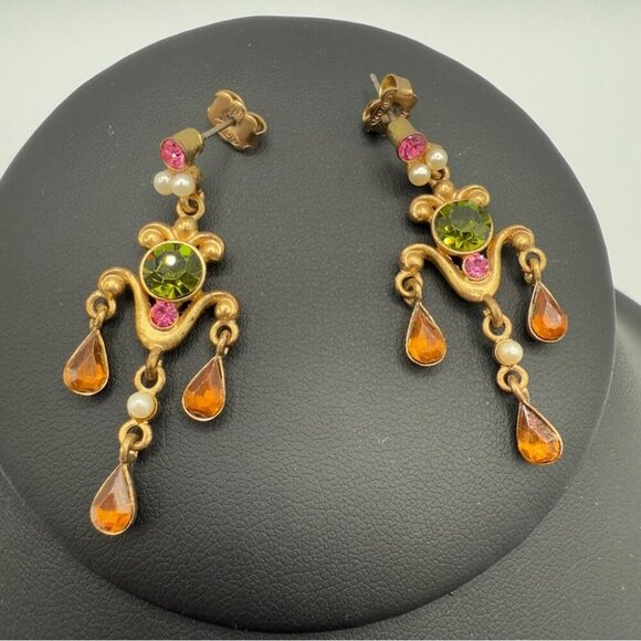 Avon Vintage Bronzy Gold and Green Floral Dangle Earrings - Picture 5 of 11